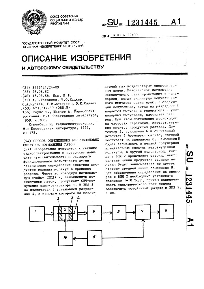 Способ определения микроволновых спектров поглощения газов (патент 1231445)