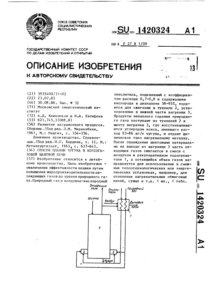 Способ плавки чугуна в коксогазовой шахтной печи (патент 1420324)