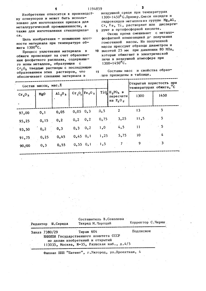 Шихта для получения огнеупорного материала (патент 1194859)