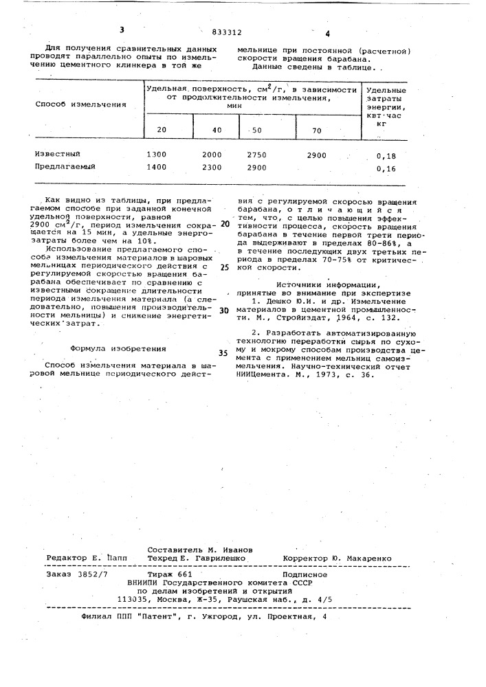 Способ измельчения материала в шаро-вой мельнице периодического действия (патент 833312)