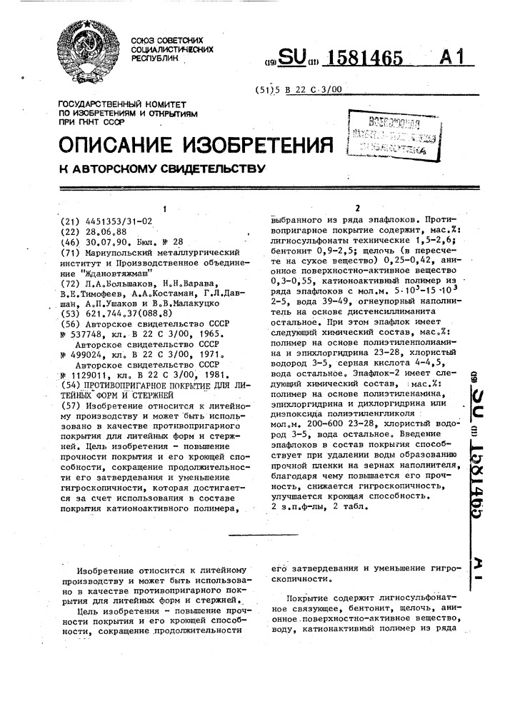 Противопригарное покрытие для литейных форм и стержней (патент 1581465)