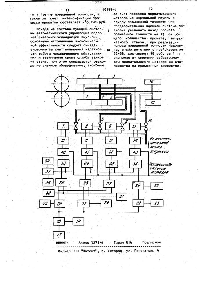Система автоматического управления подачей смазочно- охлаждающей эмульсии (патент 1015946)