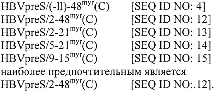 Гидрофобные, модифицированные, полученные из pres вируса гепатита в (hbv) пептиды и их использование в качестве ингибиторов проникновения hbv и hdv (патент 2492182)