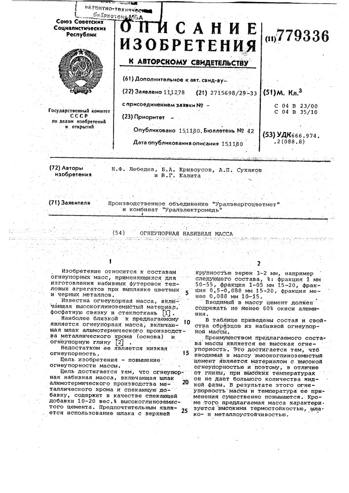 Огнеупорная набивная масса (патент 779336)
