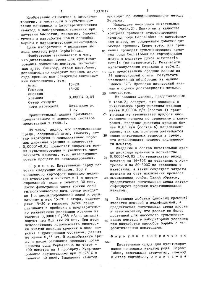 Питательная среда для культивирования почвенных нематод рода сернаlовus (патент 1337017)