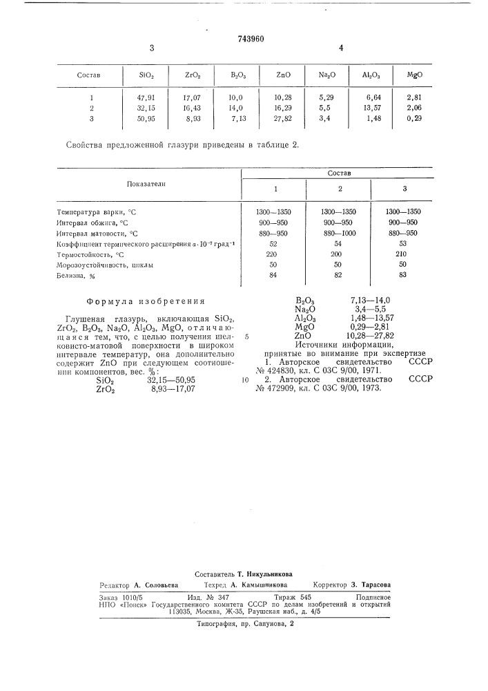 Глушеная глазурь (патент 743960)