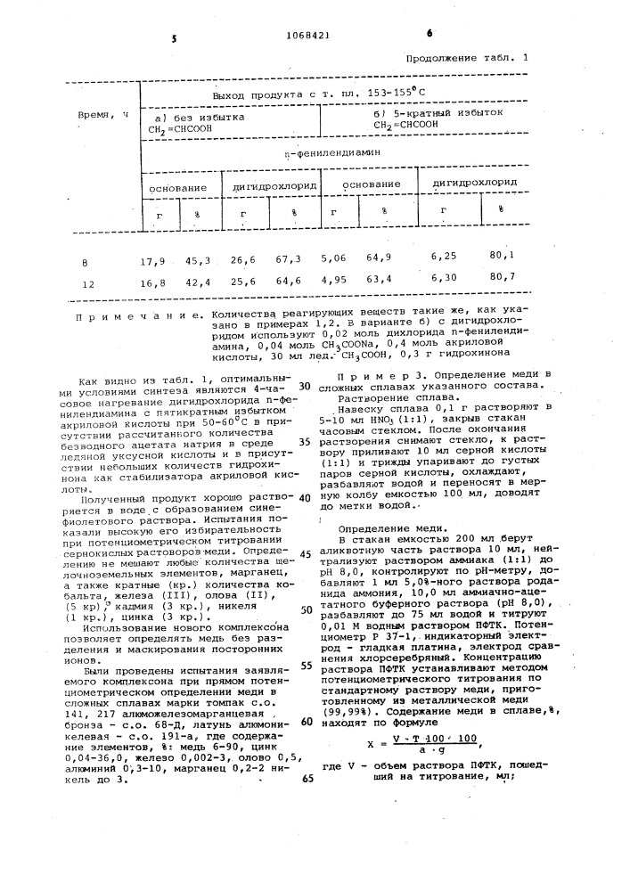@ , @ , @ , @ -тетра-/ @ -карбоксиэтил/- @ -фенилендиамин в качестве комплексона для определения меди (патент 1068421)