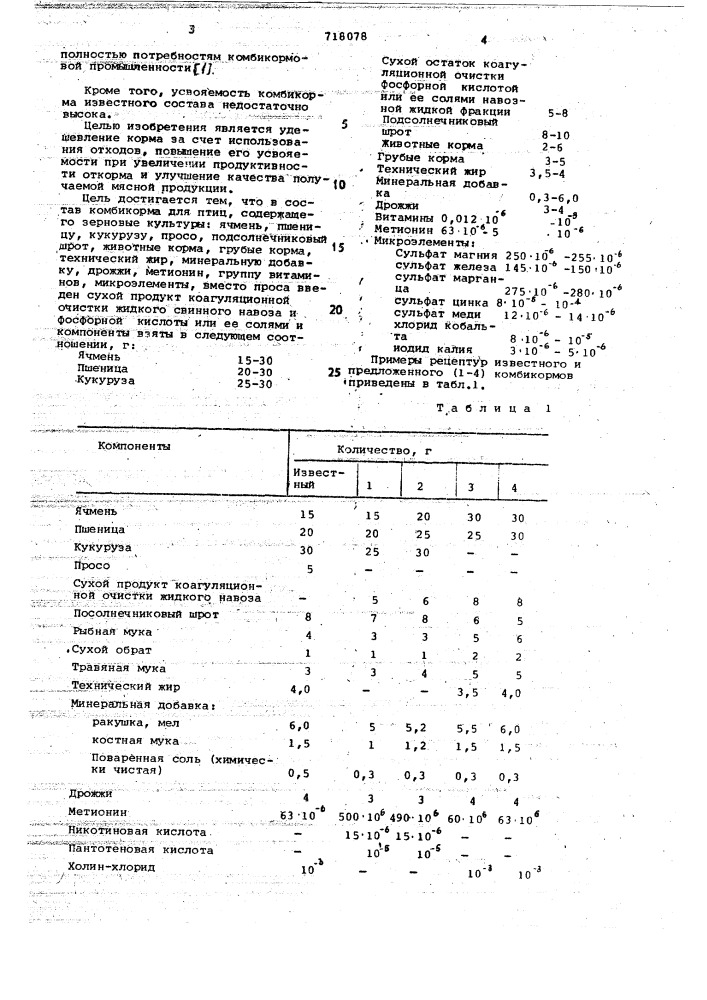 Комбикорм для птиц (патент 718078)