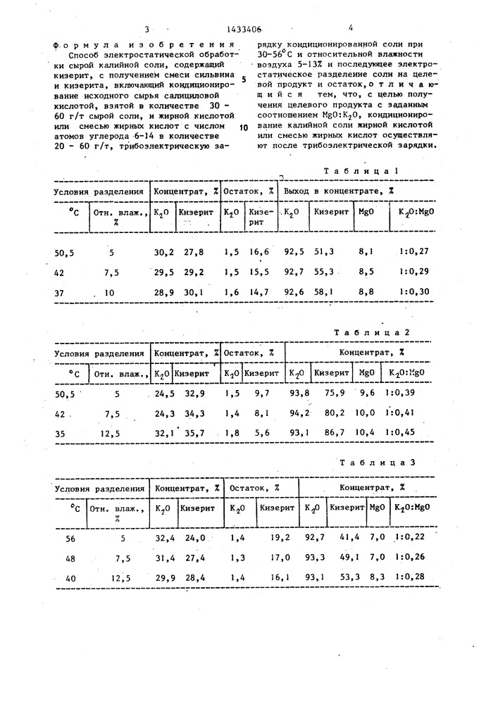 Способ электростатической обработки сырой калийной соли (патент 1433406)