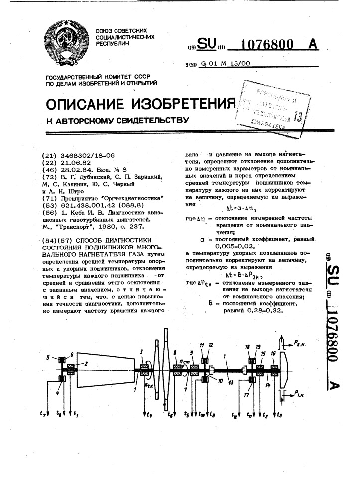 Способ диагностики состояния подшипников многовального нагнетателя газа (патент 1076800)