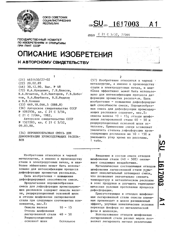 Порошкообразная смесь для дефосфорации хромсодержащих расплавов (патент 1617003)