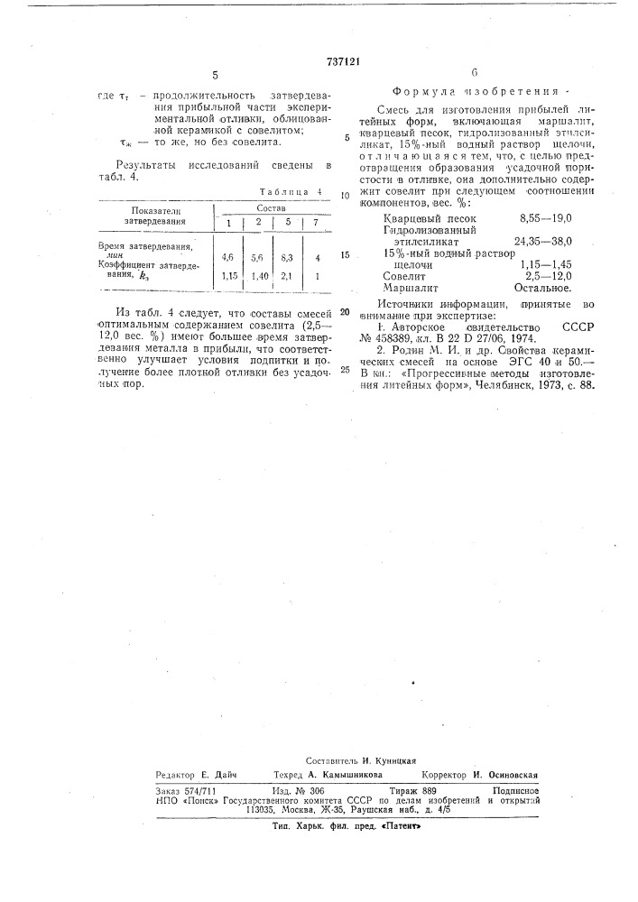 Смесь для изготовления прибылей литейных форм (патент 737121)