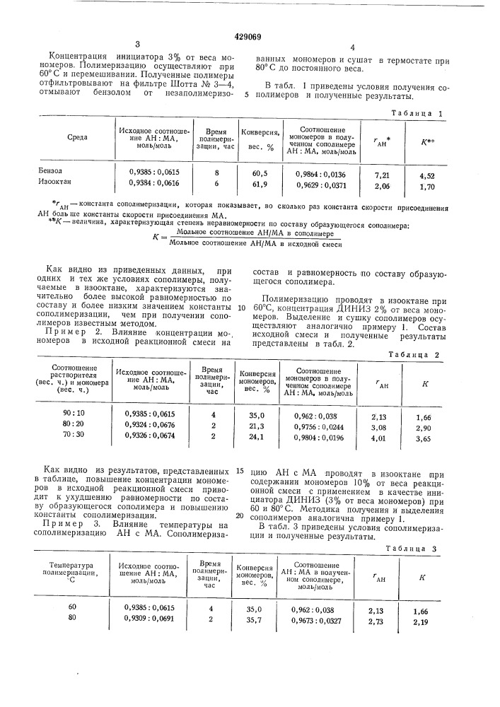 Способ получения сополимеров акрилонитрила (патент 429069)