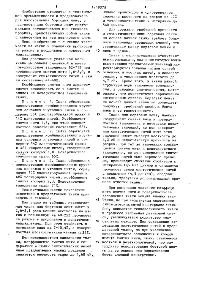 Ткань для бортовых лент пневматических шин (патент 1249078)