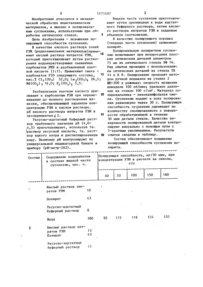 Суспензия для полирования оптического стекла (патент 1171497)