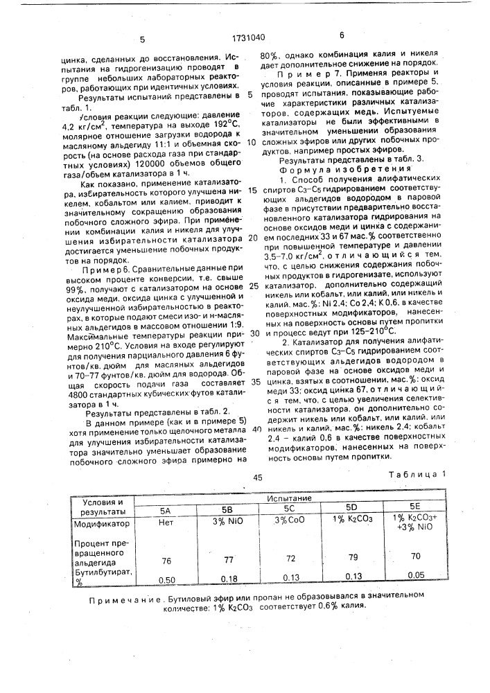 Способ получения алифатических спиртов с @ -с @ и катализатор для его осуществления (патент 1731040)