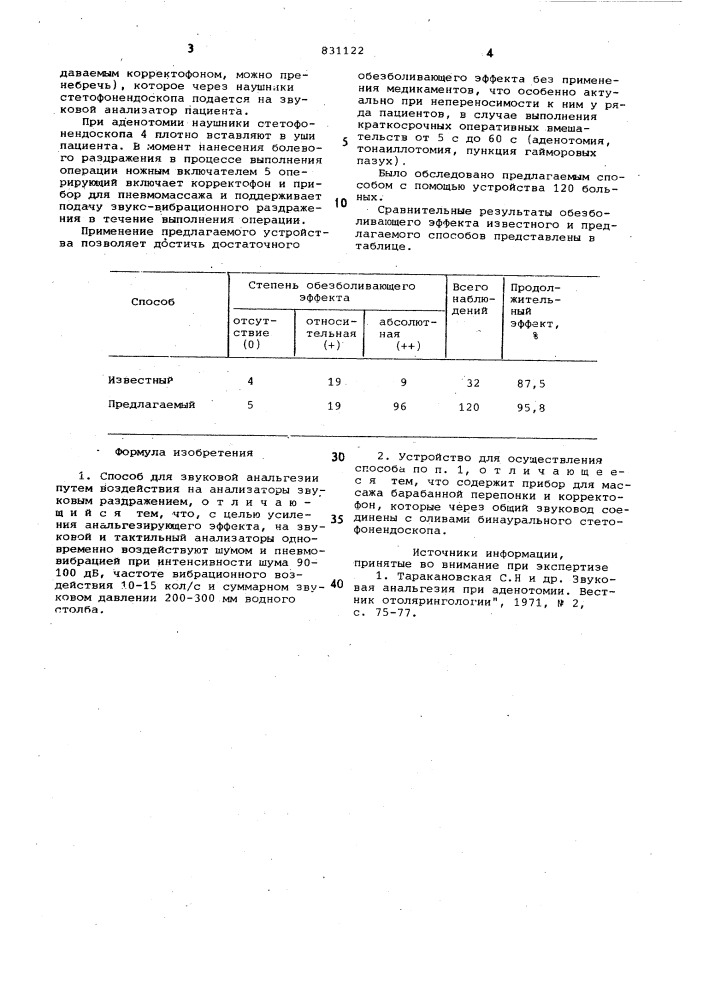 Способ для звуковой анальгезии иустройство для его осуществления (патент 831122)