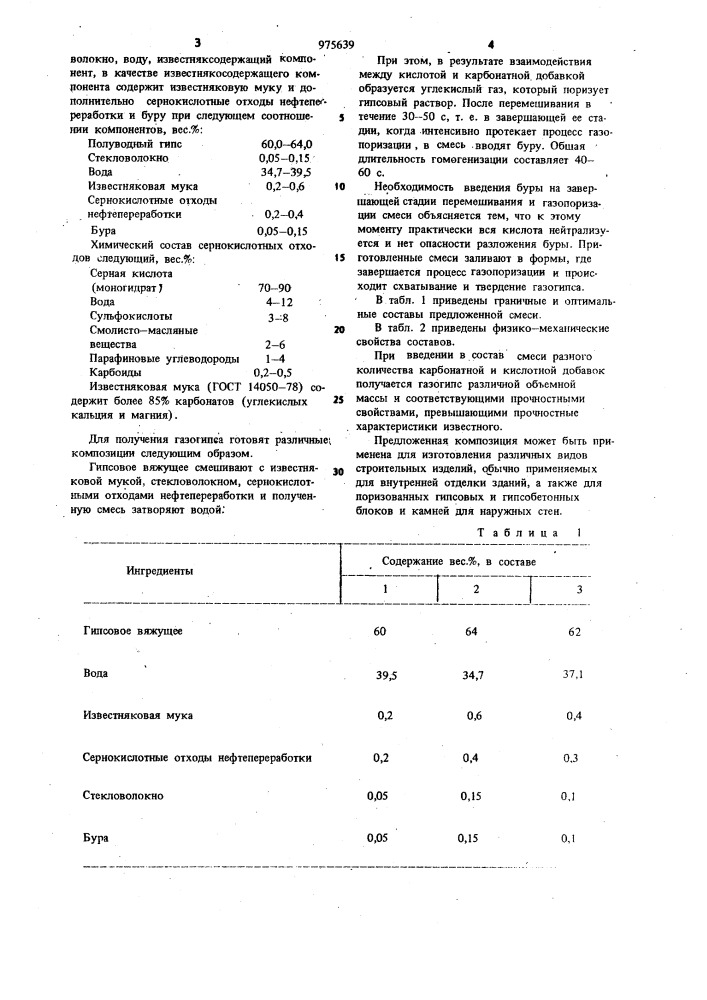 Композиция для изготовления газогипса (патент 975639)