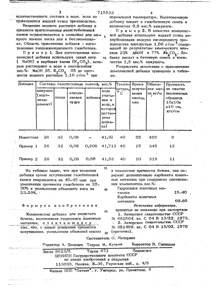 Комплексная добавка для ячеистого бетона (патент 715533)