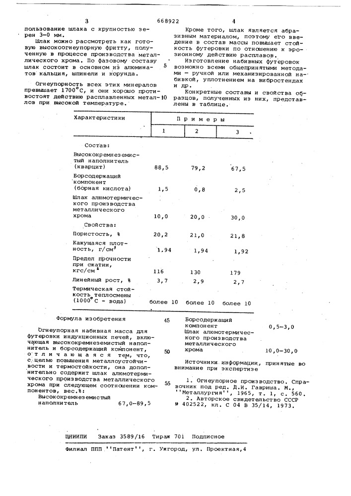 Огнеупорная набивная масса (патент 668922)