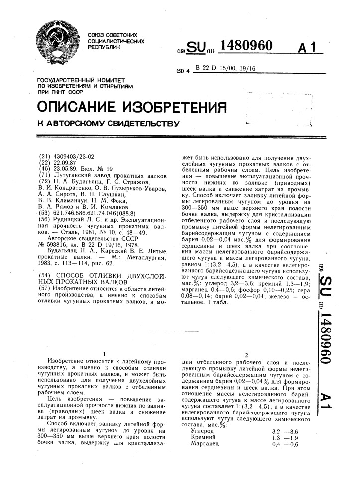 Способ отливки двухслойных прокатных валков (патент 1480960)