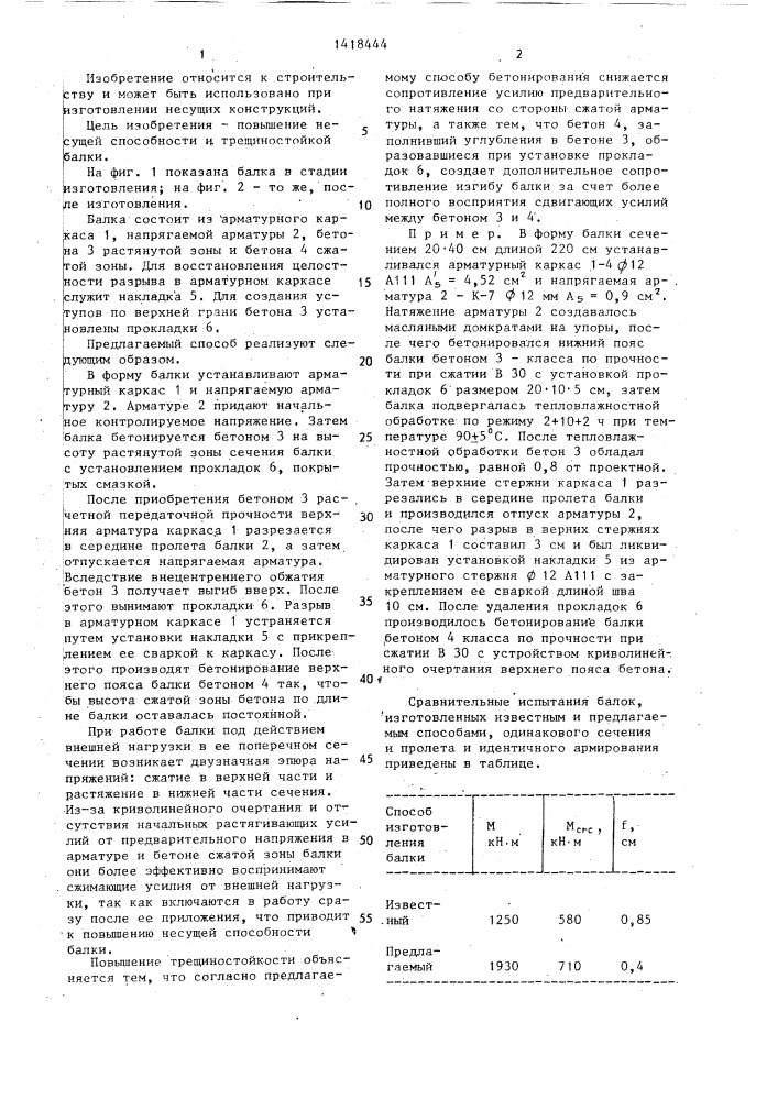 Способ изготовления предварительно напряженной железобетонной балки (патент 1418444)