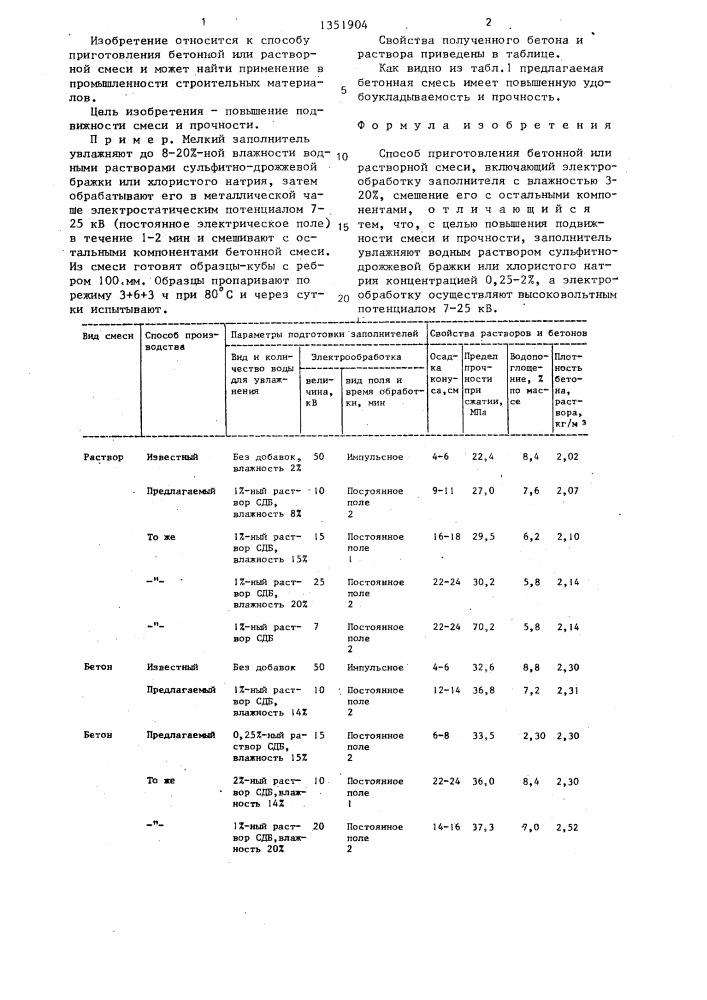 Способ приготовления бетонной или растворной смеси (патент 1351904)