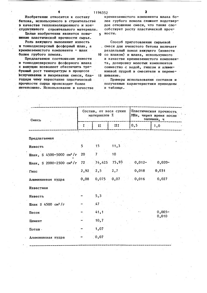 Сырьевая смесь для изготовления ячеистого бетона (патент 1196352)