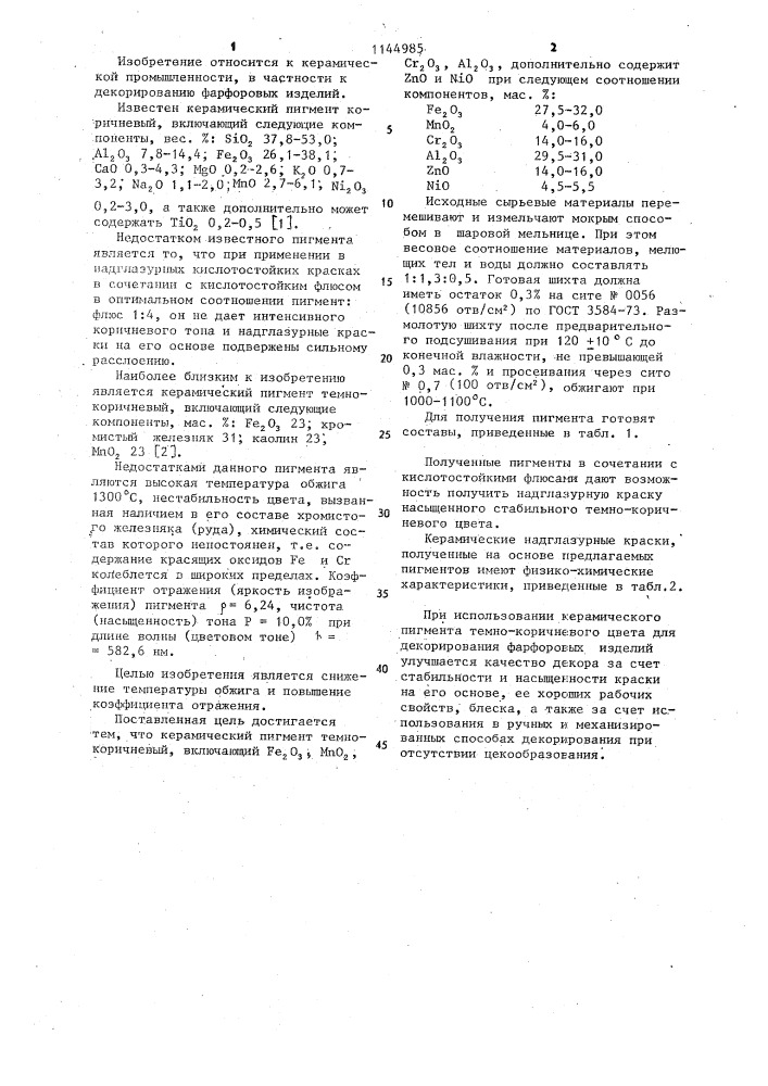Керамический пигмент темно-коричневый (патент 1144985)