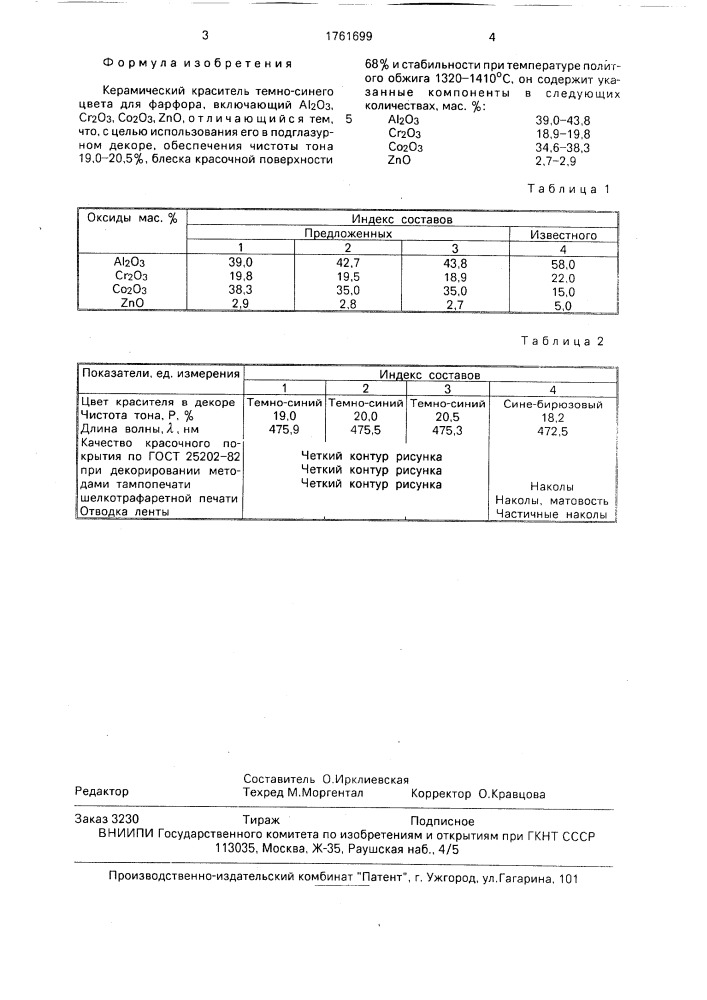 Керамический краситель темно-синего цвета для фарфора (патент 1761699)