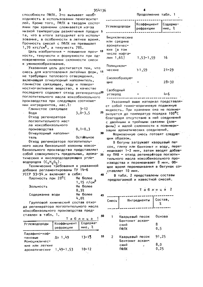 Смесь для изготовления литейных форм (патент 954136)