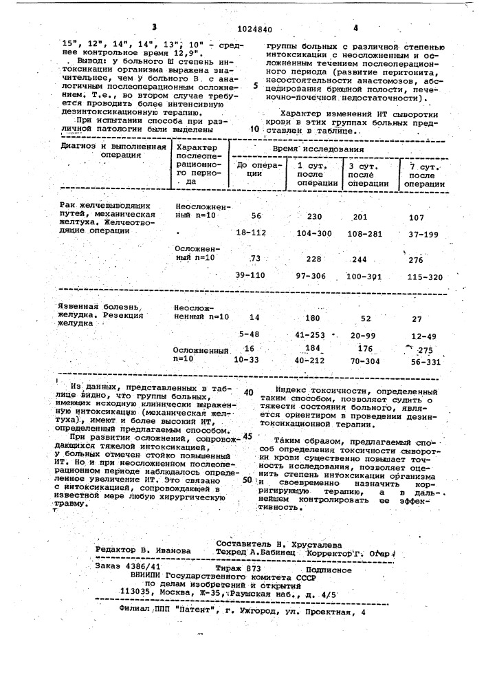 Способ определения токсичности сыворотки крови (патент 1024840)