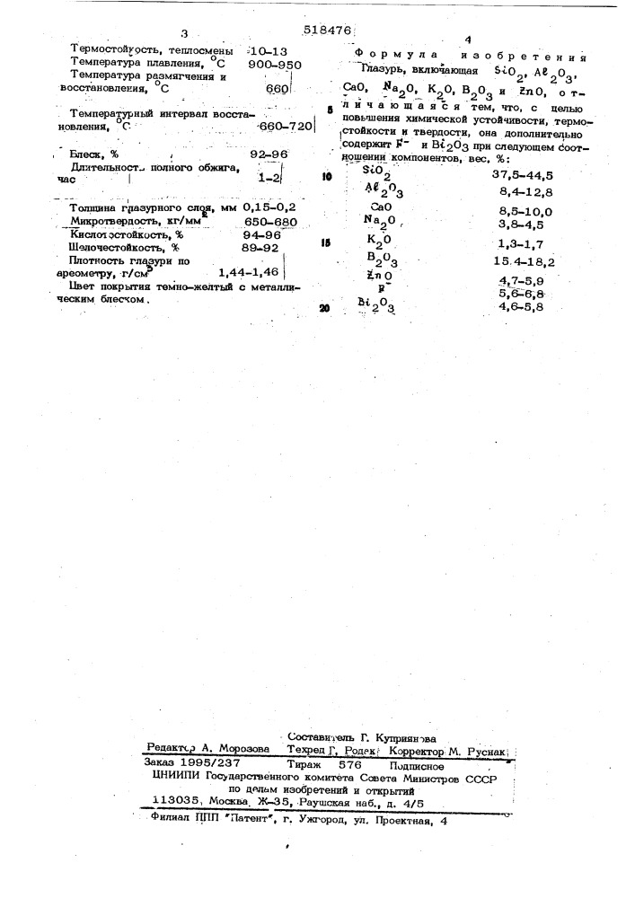 Глазурь (патент 518476)