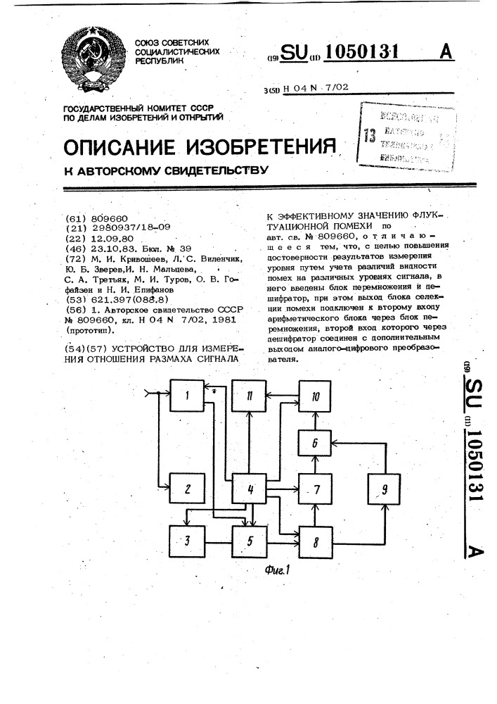 Устройство для измерения отношения размаха сигнала к эффективному значению флуктуационной помехи (патент 1050131)