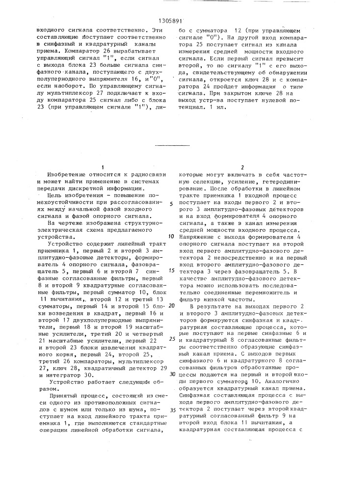 Устройство когерентного приема фазоманипулированных сигналов (патент 1305891)