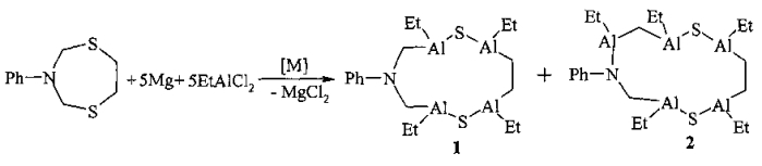 Способ совместного получения 2,6,8,11-тетраэтил-4-фенил-1,7-дитиа-4-аза-2,6,8,11-тетраалюминациклоундекана и 2,4,7,9,12-пентаэтил-5-фенил-1,8-дитиа-5-аза-2,4,7,9,12-пентаалюминациклододекана (патент 2584686)