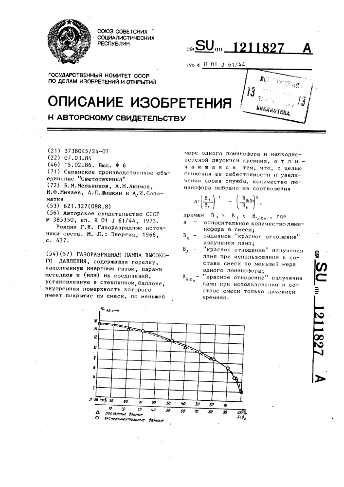 Газоразрядная лампа высокого давления (патент 1211827)