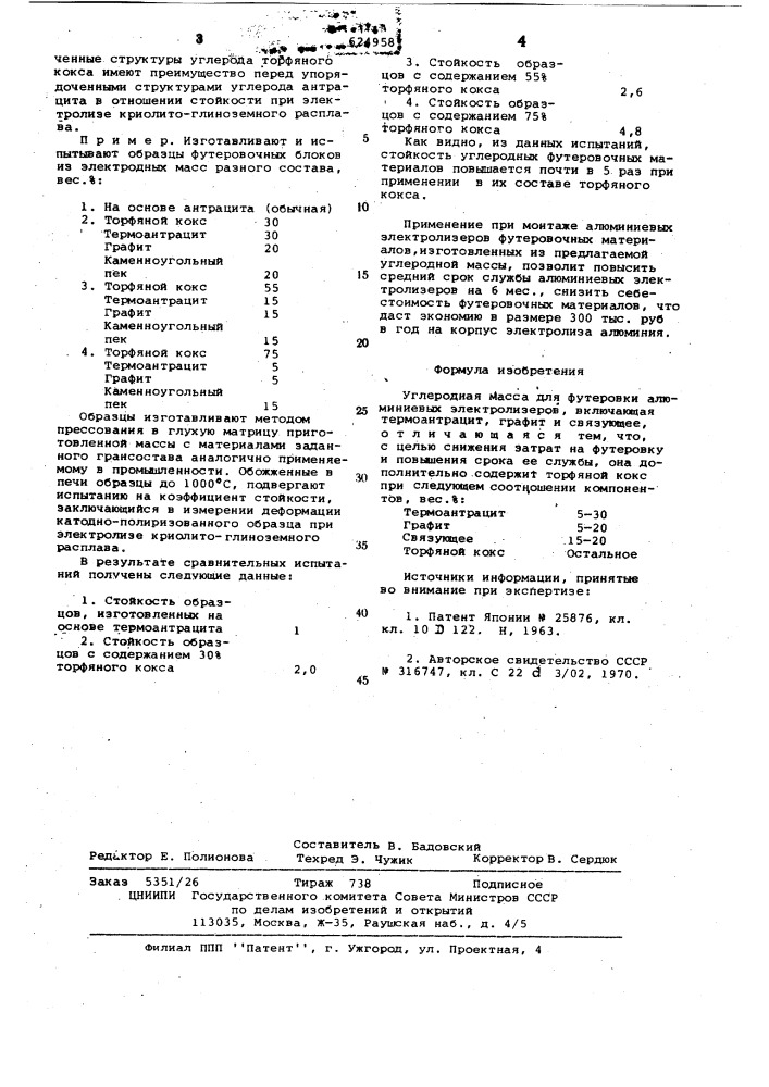 Углеродная масса для футеровки алюминиевых электролизеров (патент 624958)