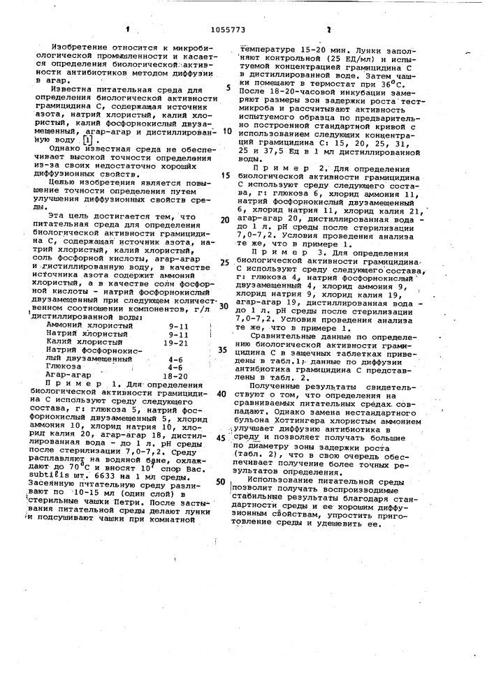 Питательная среда для определения биологической активности грамидидина @ (патент 1055773)