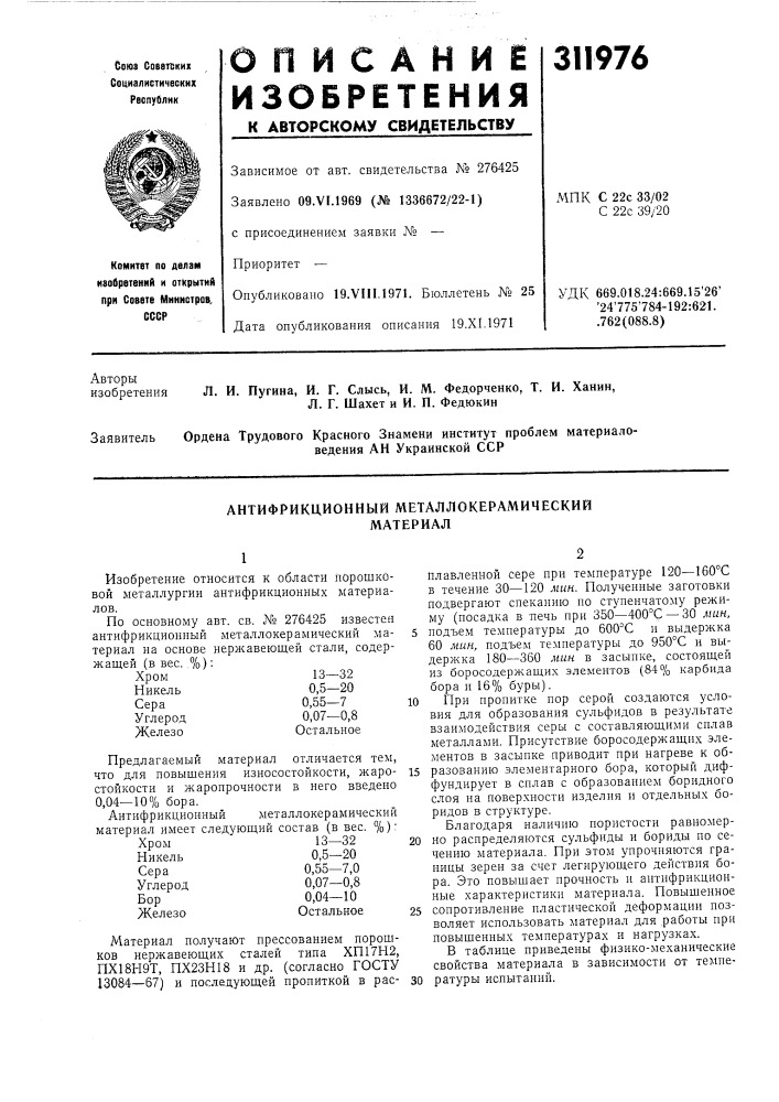 Антифрикционный металлокерамическийматериал (патент 311976)