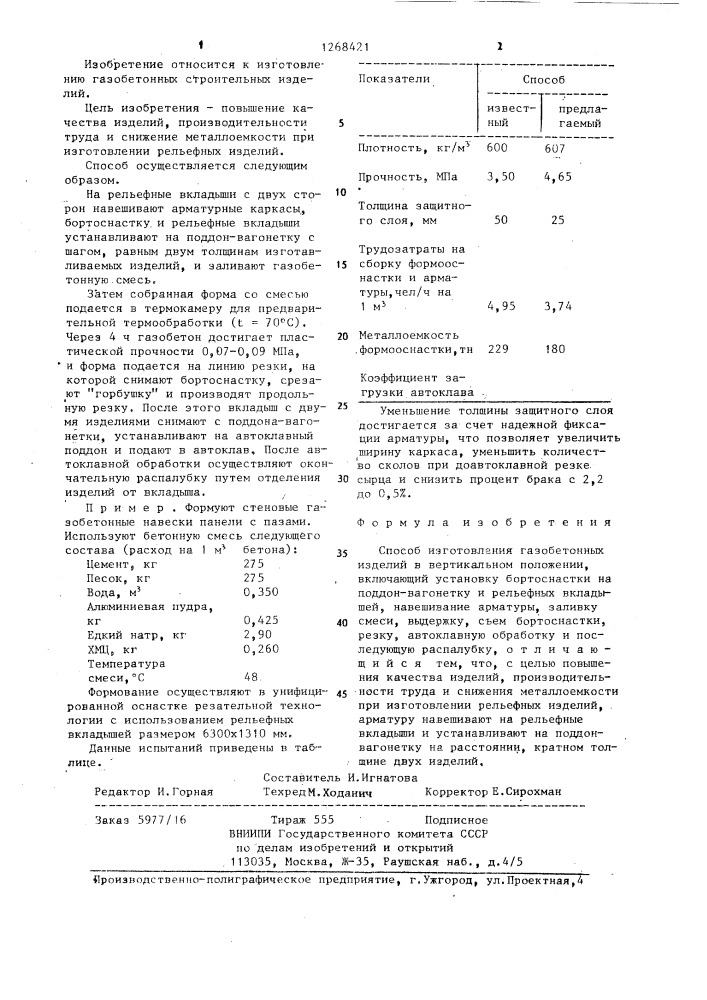 Способ изготовления газобетонных изделий (патент 1268421)