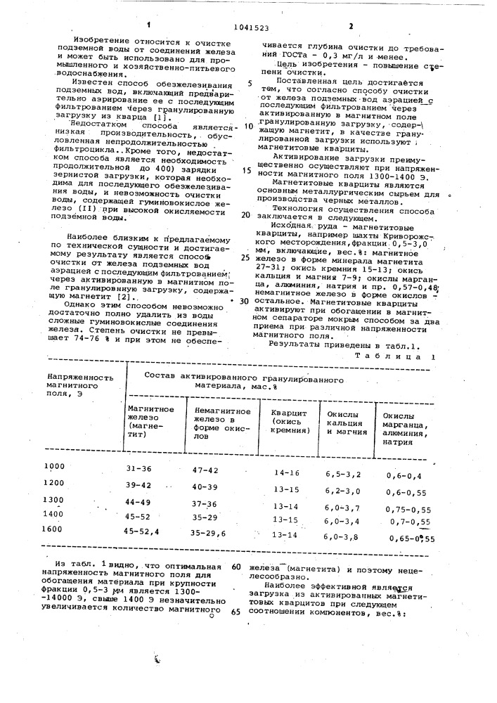 Способ очистки от железа подземных вод (патент 1041523)