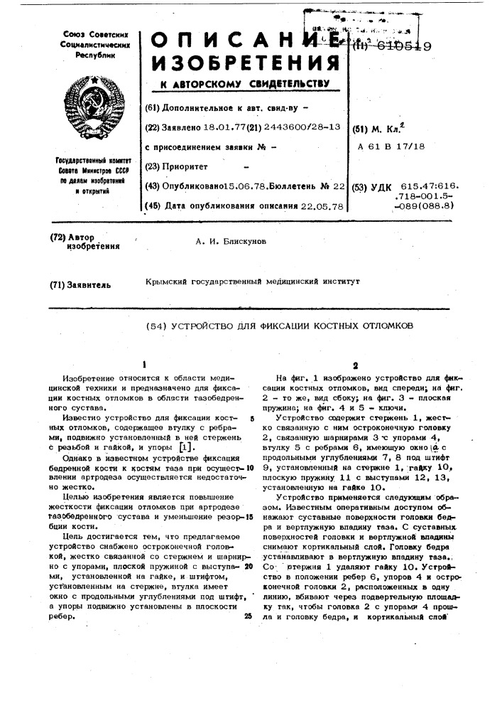 Устройство для фиксации костных отломков (патент 610519)