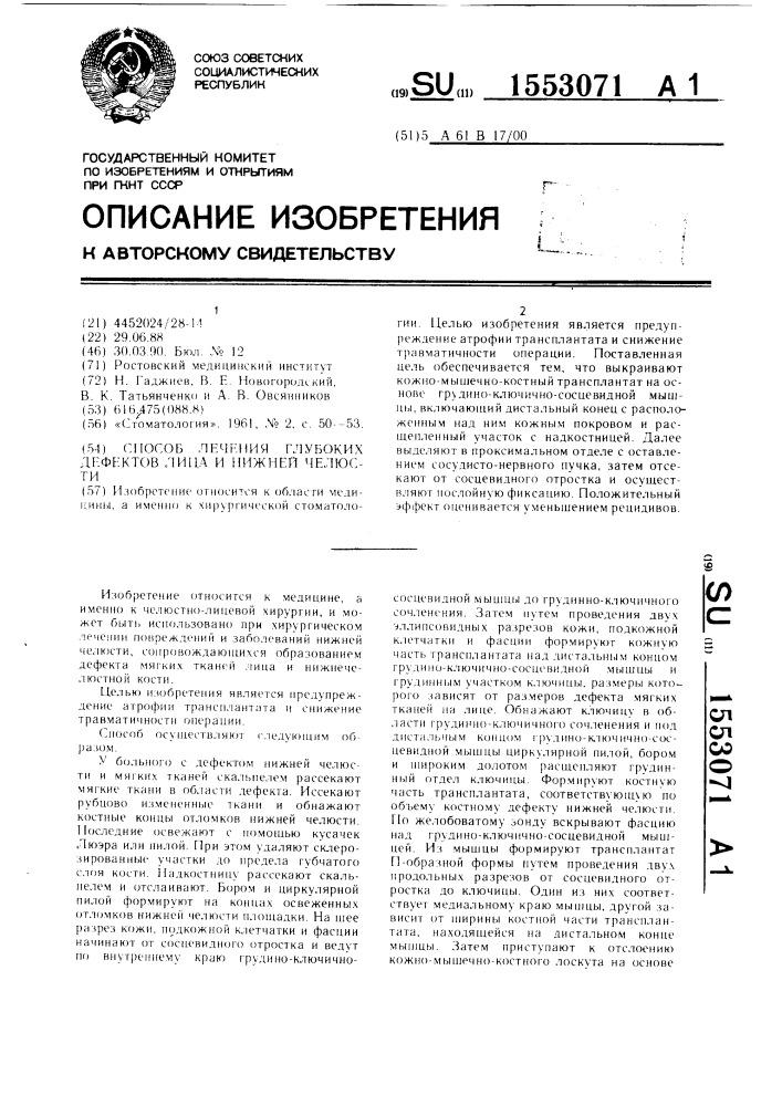 Способ лечения глубоких дефектов лица и нижней челюсти (патент 1553071)