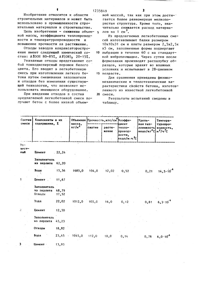 Сырьевая смесь для изготовления легкого бетона (патент 1235849)