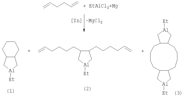 Способ совместного получения 3-этил-3-алюминадицикло[0 1,5]-нонана, 3,4-ди(5-гексенил)-1-этилалюминациклопентана и 3,12-диэтил-3,12-диалюминатрицикло[01,5 .010,14]октадекана (патент 2315054)