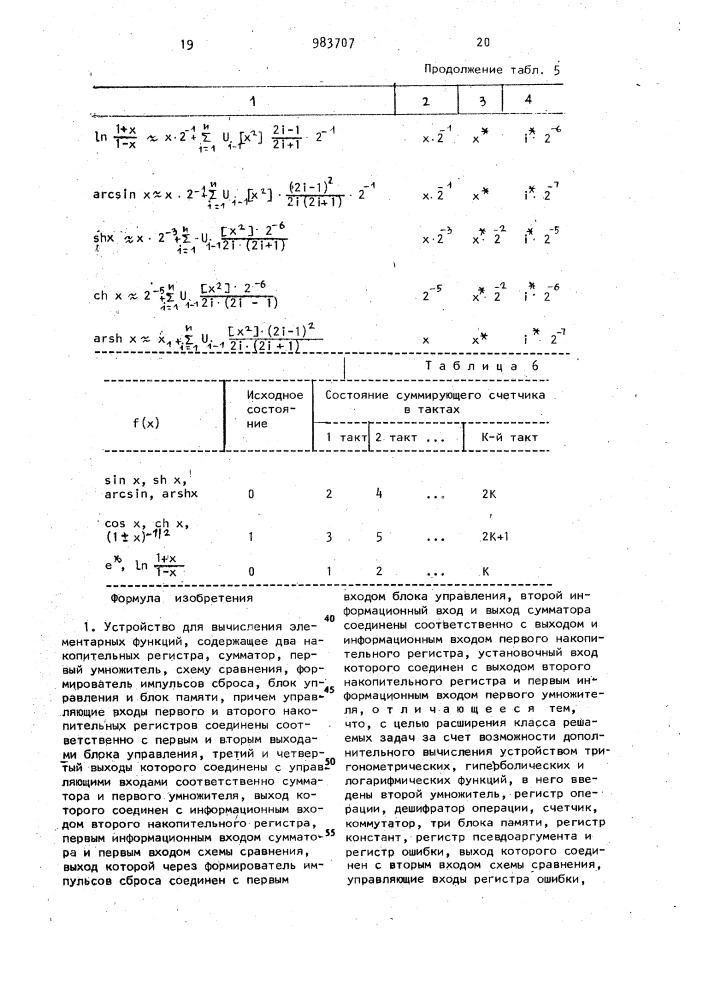 Устройство для вычисления элементарных функций (патент 983707)