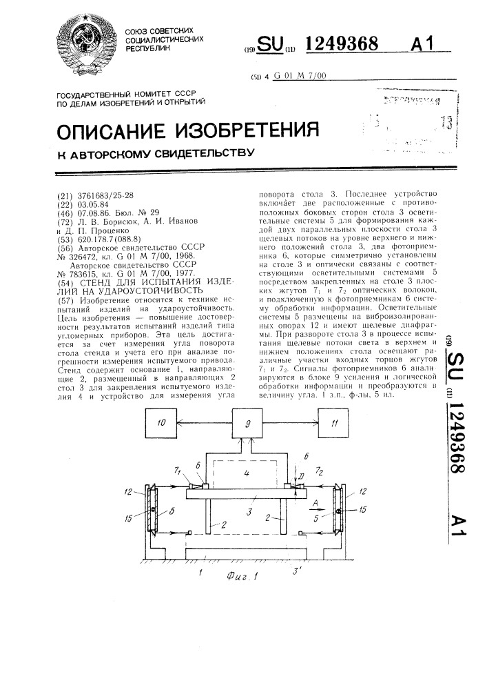 Стенд для испытания изделий на удароустойчивость (патент 1249368)