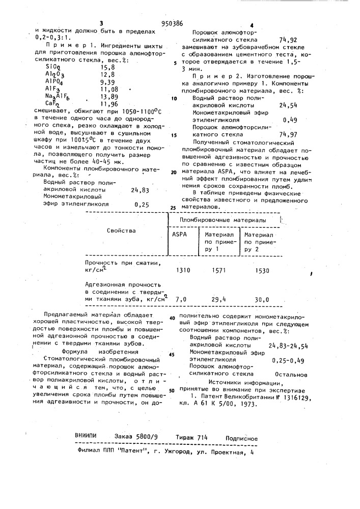 Стоматологический пломбировочный материал (патент 950386)