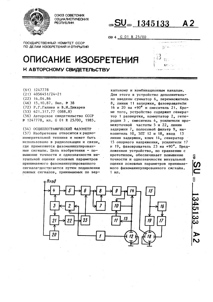 Осциллографический фазометр (патент 1345133)